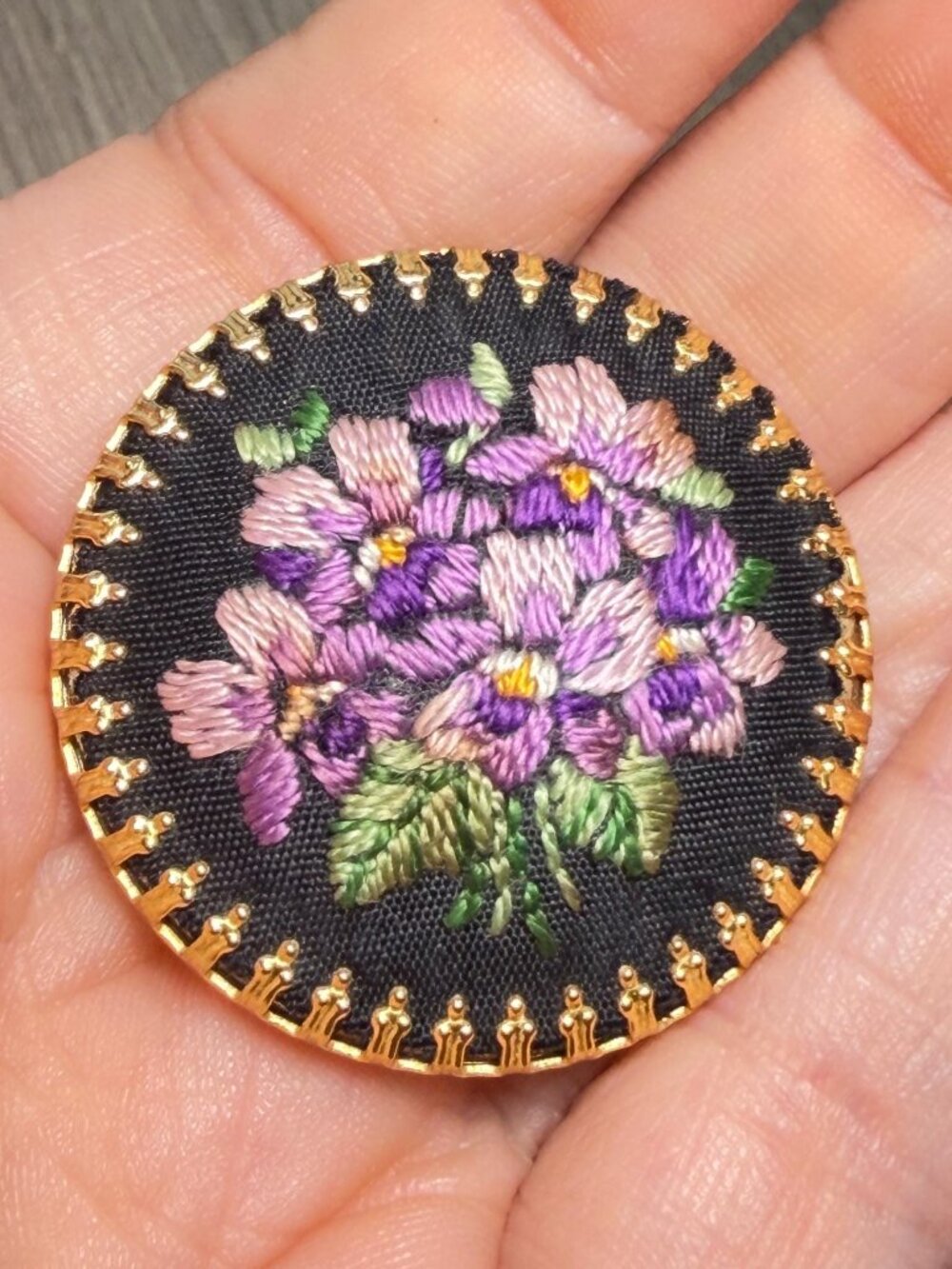 Vintage Handmade Needlepoint Flower Brooch Purple Floral Embroidered Pin